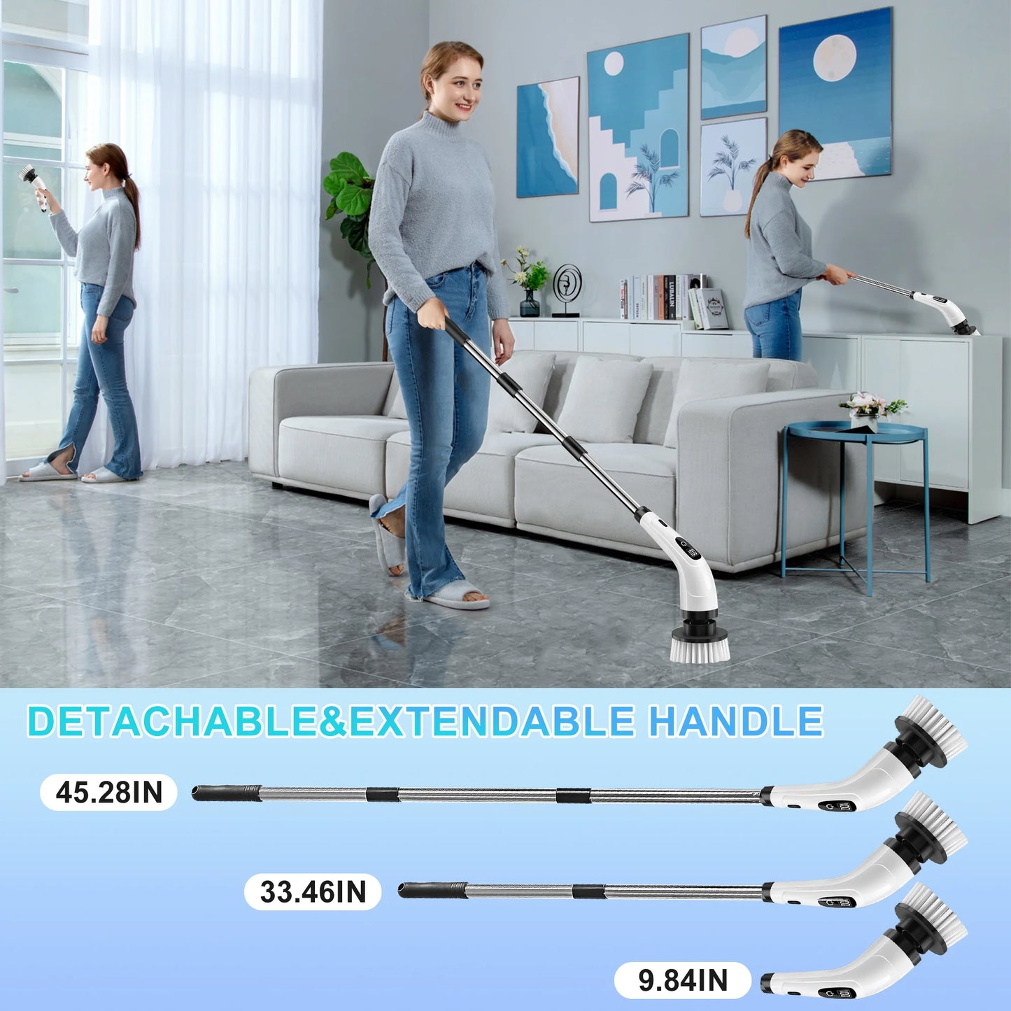 Electric Spin Scrubber - Cordless Cleaning Brush with 8 Heads & Long Handle Power Shower Scrubber for Bathroom Kitchen Tile Floor, White
